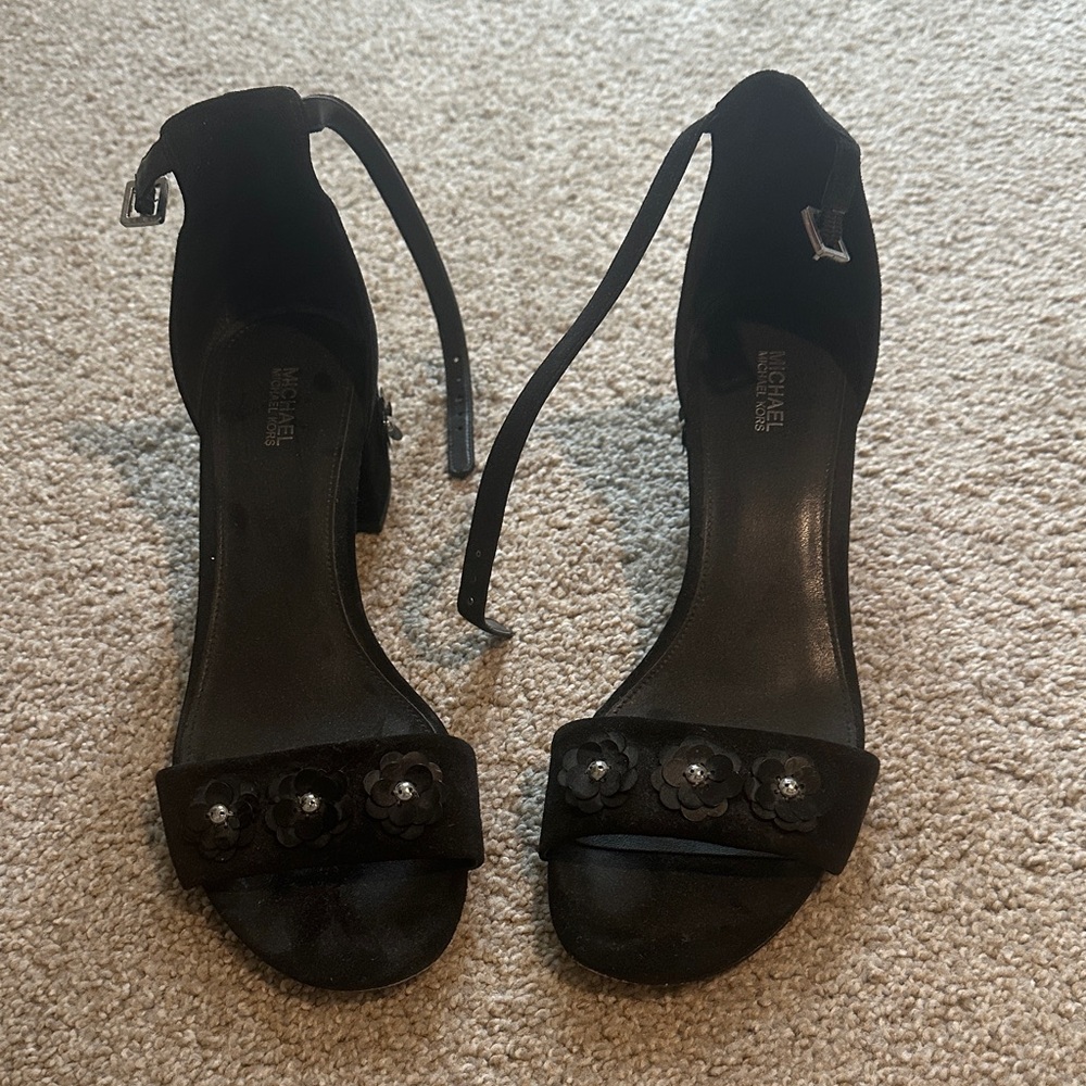 Michael Kors Black Heeled Sandals with Floral Embellishments